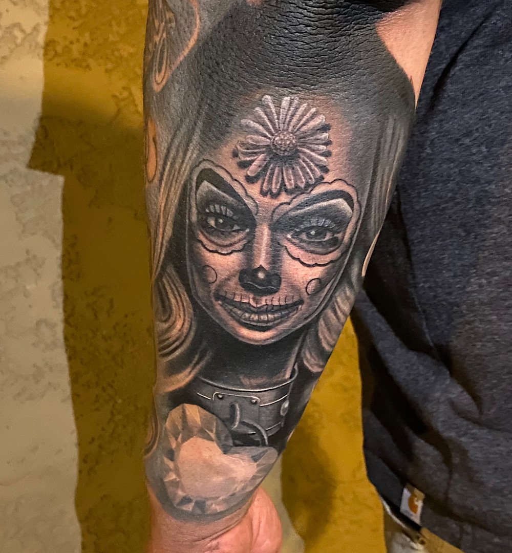 After second black and grey realism cover-up tattoo by Omar Barron