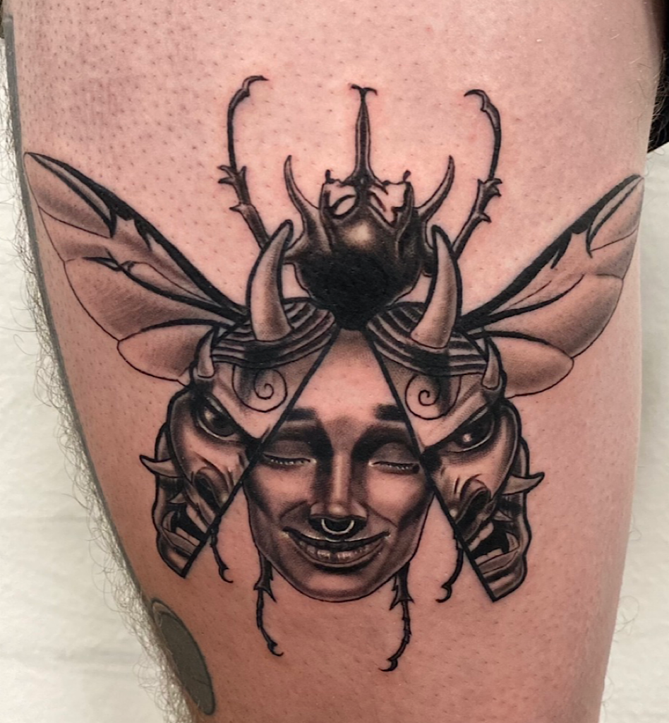 alt="Black & grey realism sleeve tattoo by Omar Barron, luxury custom tattoo Idaho"