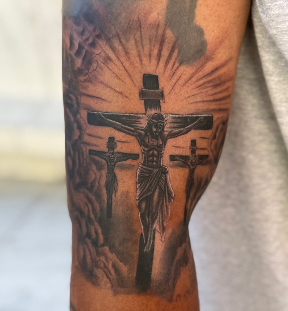 alt="Black & grey realism jesus tattoo by Omar Barron, luxury custom tattoo Idaho"