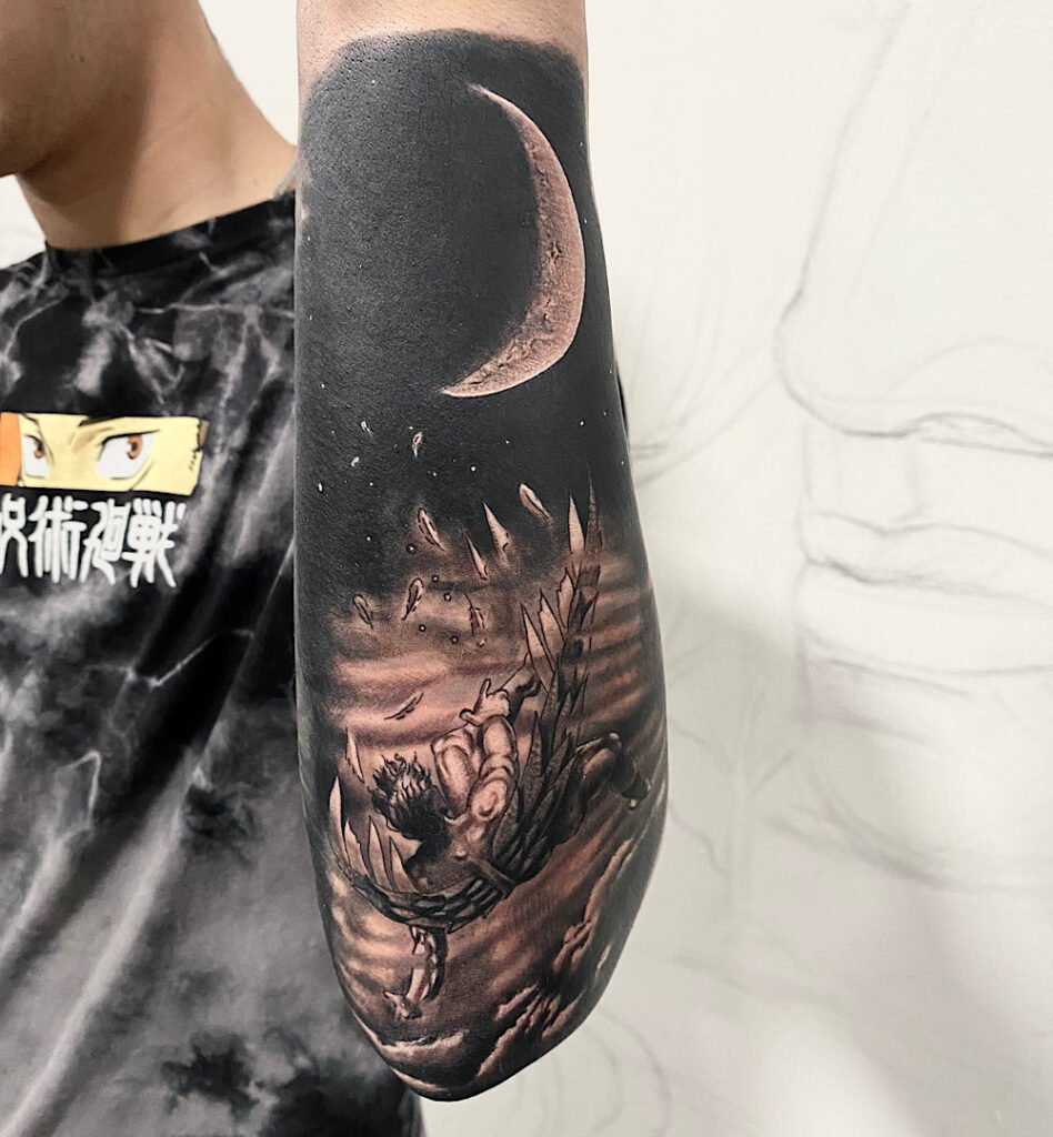 alt="Black & grey realism sleeve tattoo by Omar Barron, luxury custom tattoo Idaho"