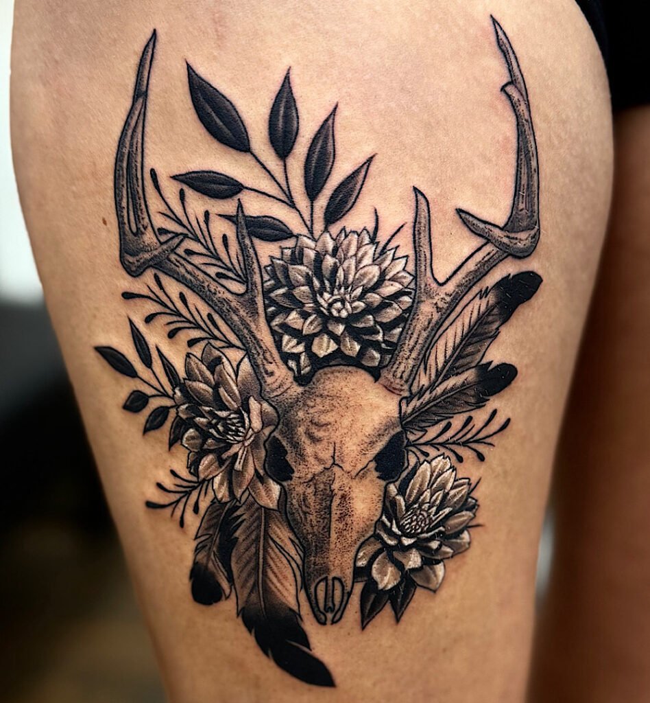 alt="Black & grey realism sleeve tattoo by Omar Barron, luxury custom tattoo Idaho"