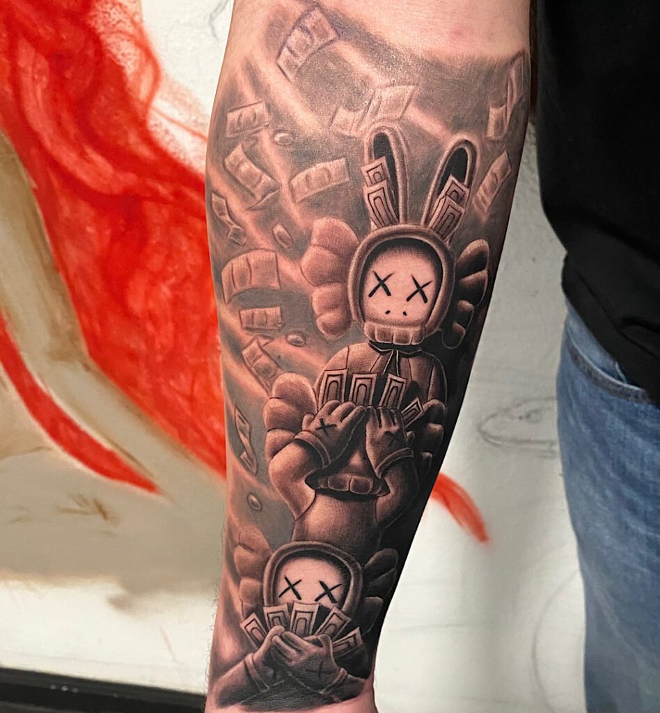 alt="Black & grey realism sleeve tattoo by Omar Barron, luxury custom tattoo Idaho"